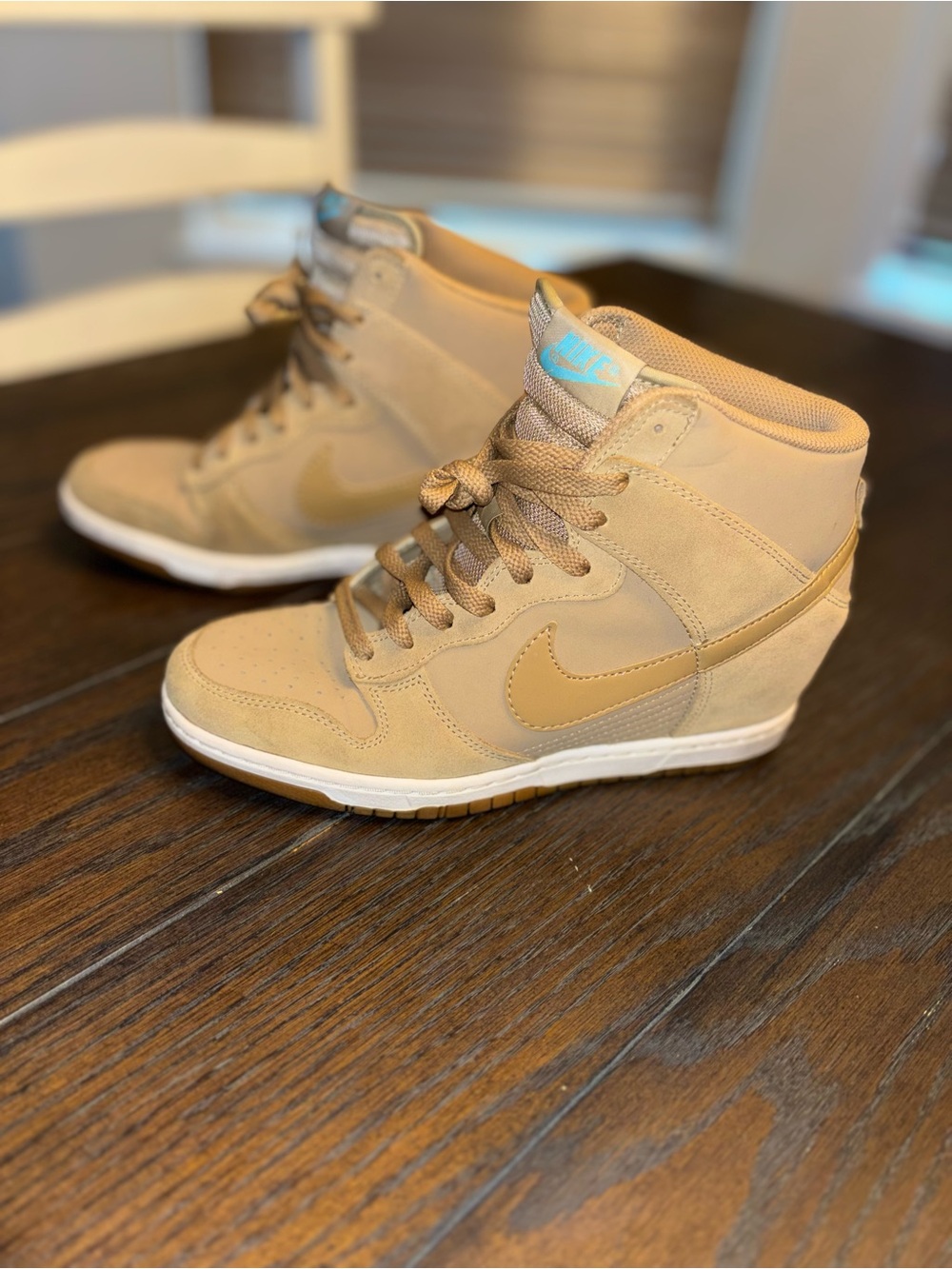 Nike Women's Wedge Sneakers in Tan with Light Blue Accent